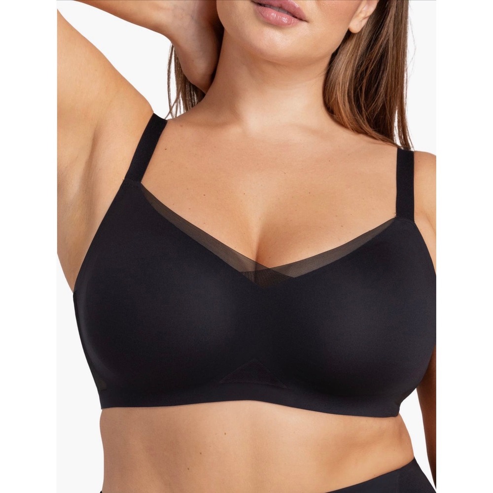 Honeylove V-Neck Bra Black Wireless Mesh Trim Supportive Bralette Size Large